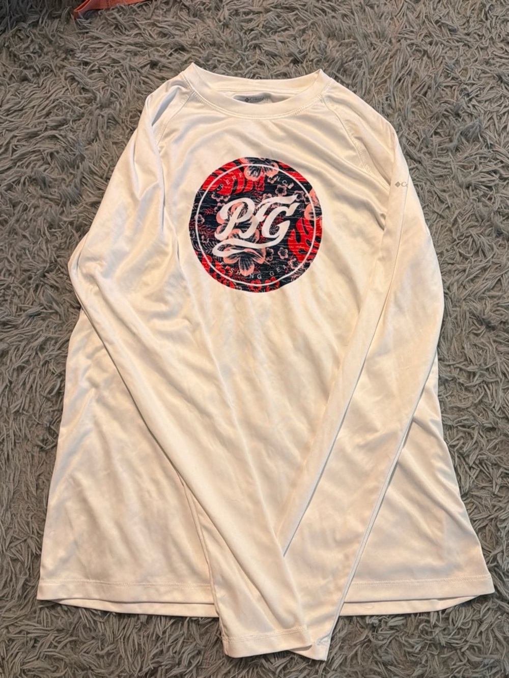 Columbia White Long Sleeve Graphic Tee with Red & Navy Medallion